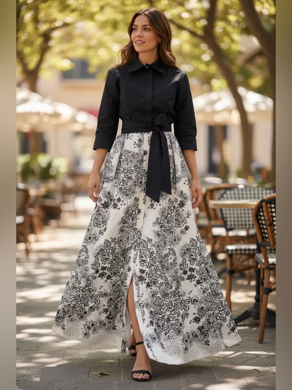 Rickie Freeman for Teri Jon Black & White Floral Maxi Dress Sz 2